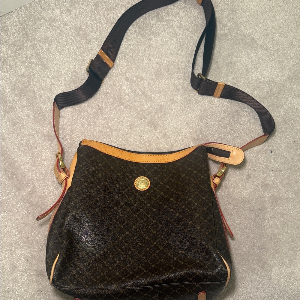 Rioni Brown Monogram Crossbody with Tan Trim and Gold Accent